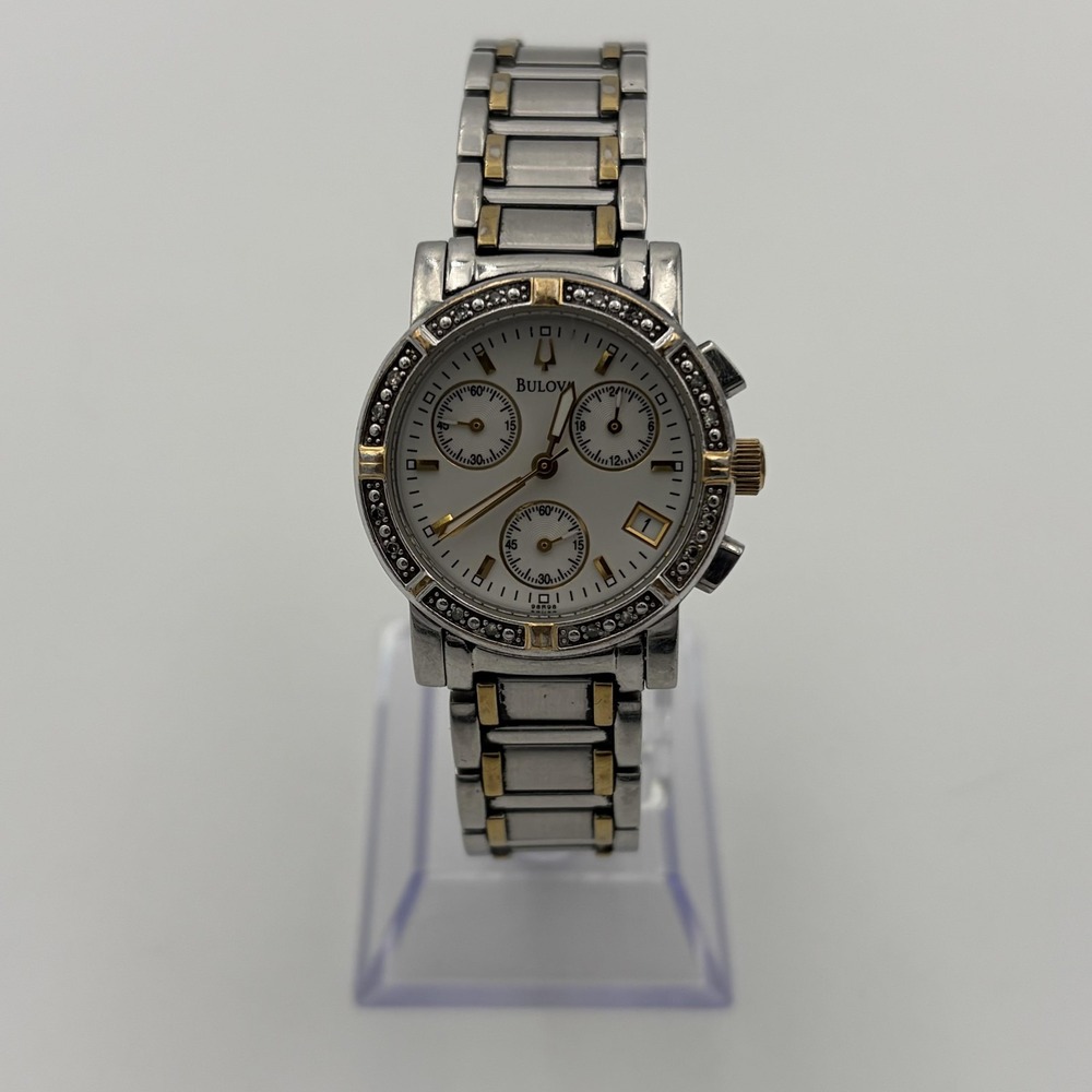 Bulova Womens Watch White Multi Dial Two Tone Stainless Crystal Bezel